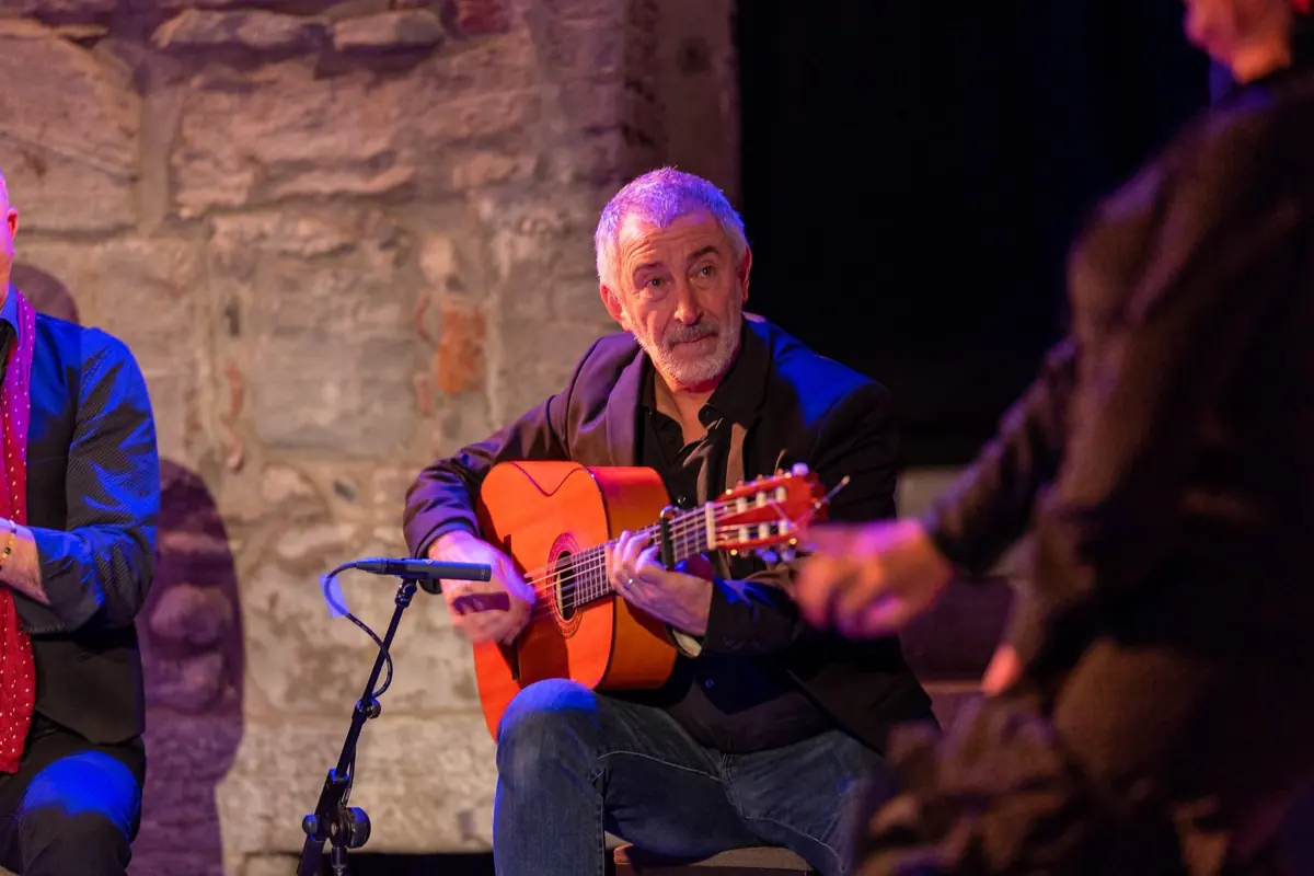 A flamenco guitarist playing beside a microphone in front of a stone wall, with a dancer's arm in the foreground